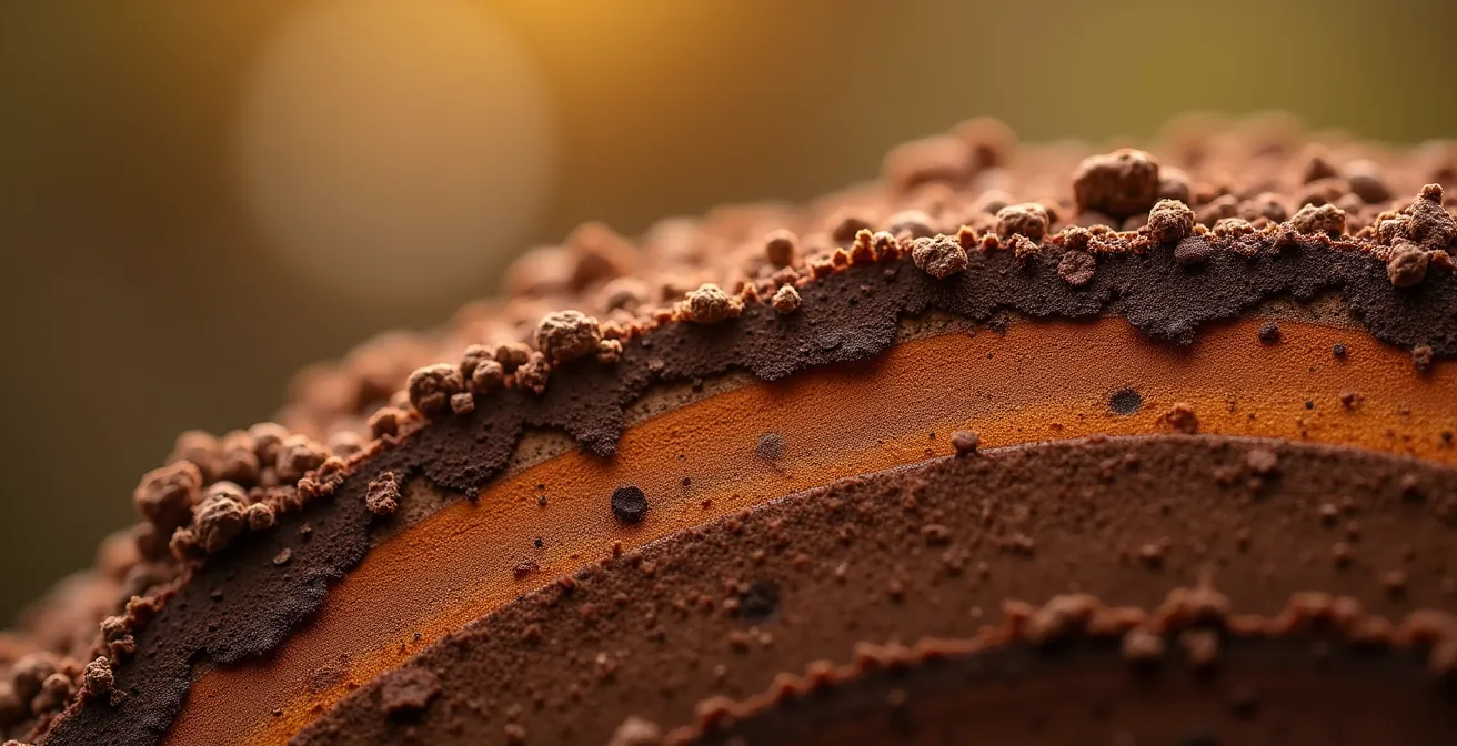 Détail macro d'un échantillon de sol argileux montrant les différentes strates et textures