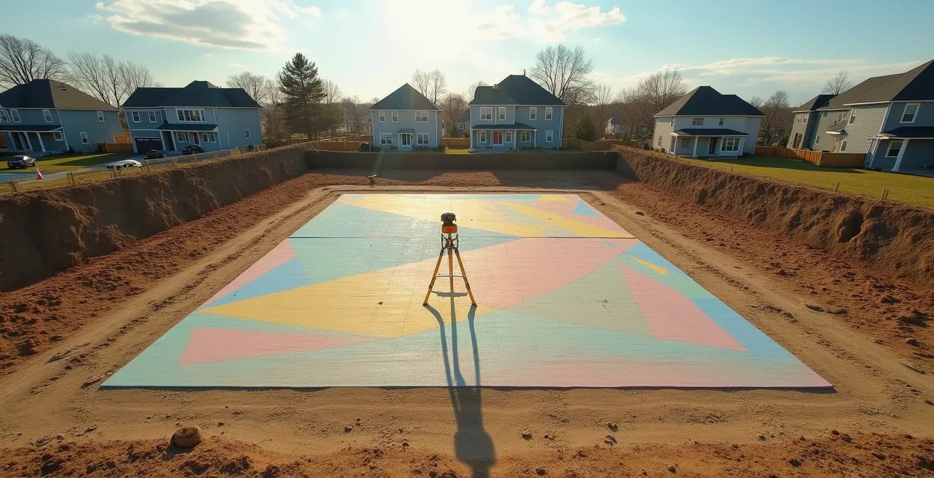 Vue aérienne d'un terrain avec marquages géométriques colorés indiquant les zones de sondage