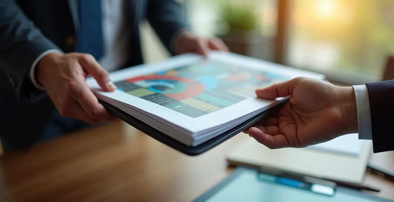 Mains échangeant des documents d'étude de sol entre vendeur et acheteur