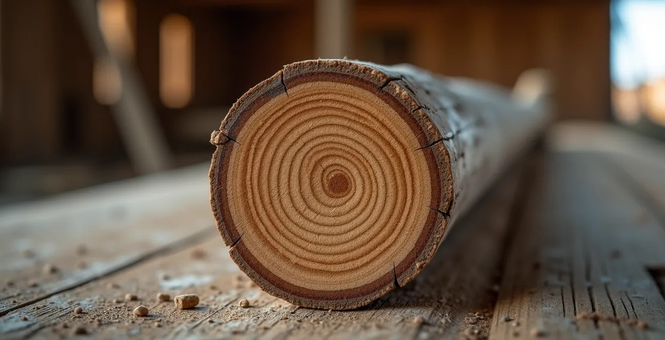 Coupe transversale d'un plancher ancien avec poutres apparentes et matériaux d'époque