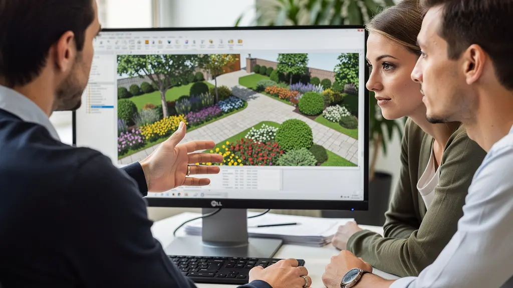 Designer paysagiste présentant modélisation 3D d'aménagement extérieur à un couple québécois