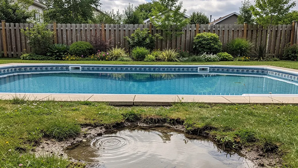 Terrain résidentiel québécois montrant problème de drainage près d'une piscine