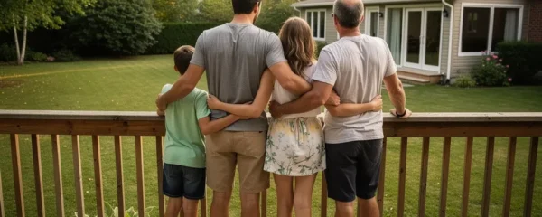 Famille québécoise observant leur grande cour arrière avec projet d'aménagement paysager en tête