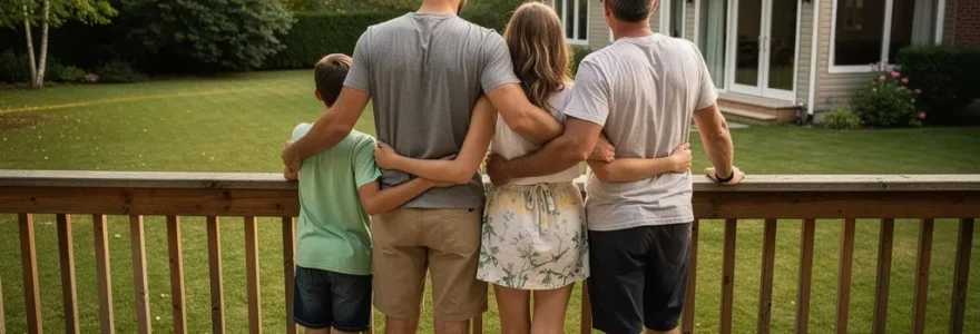 Famille québécoise observant leur grande cour arrière avec projet d'aménagement paysager en tête