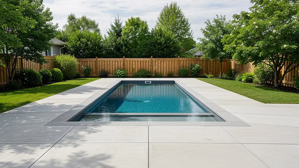 Terrasse en dalles de béton avec piscine creusée dans cour arrière résidentielle québécoise