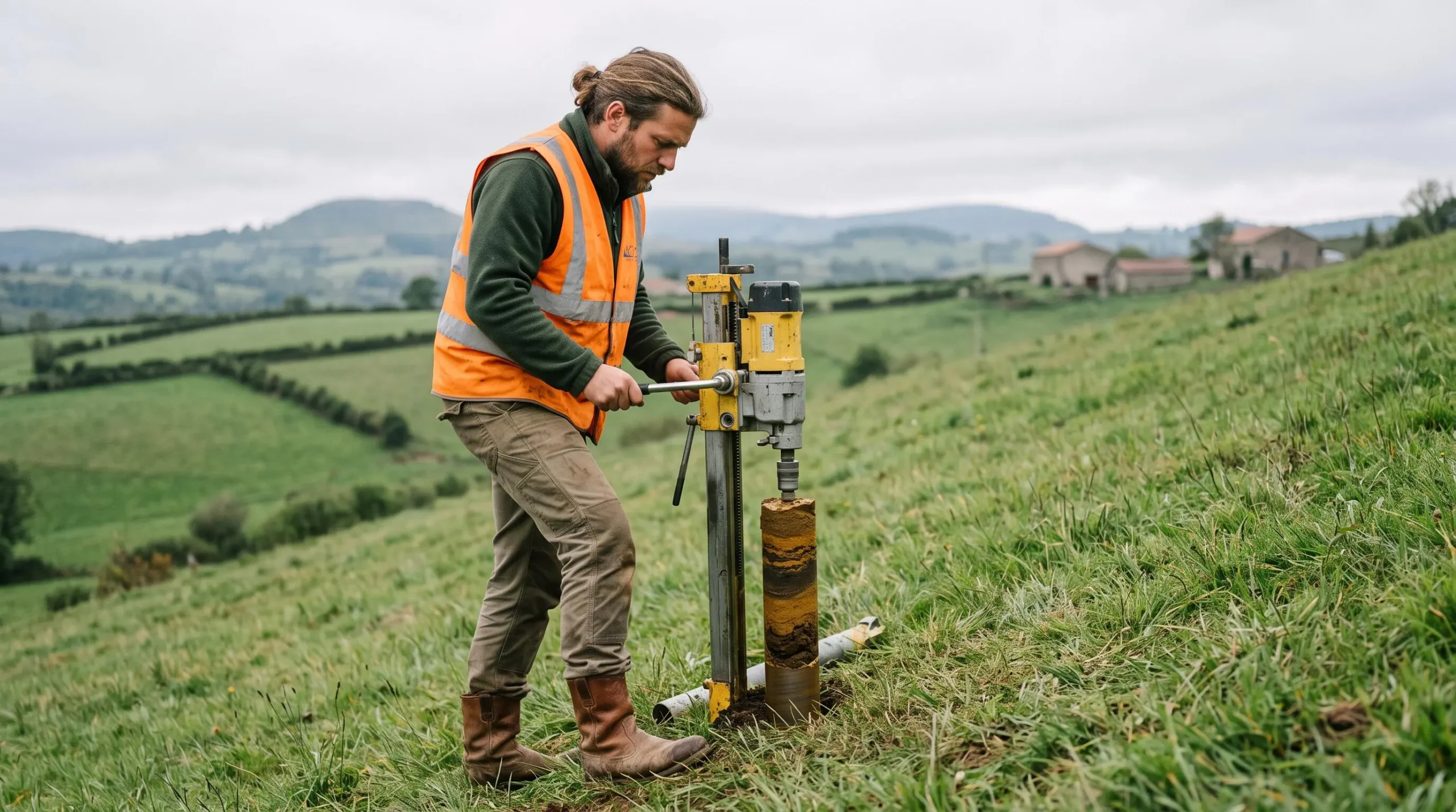 Géotechnicien réalisant un sondage de sol avec une foreuse portable sur un terrain en pente rural.