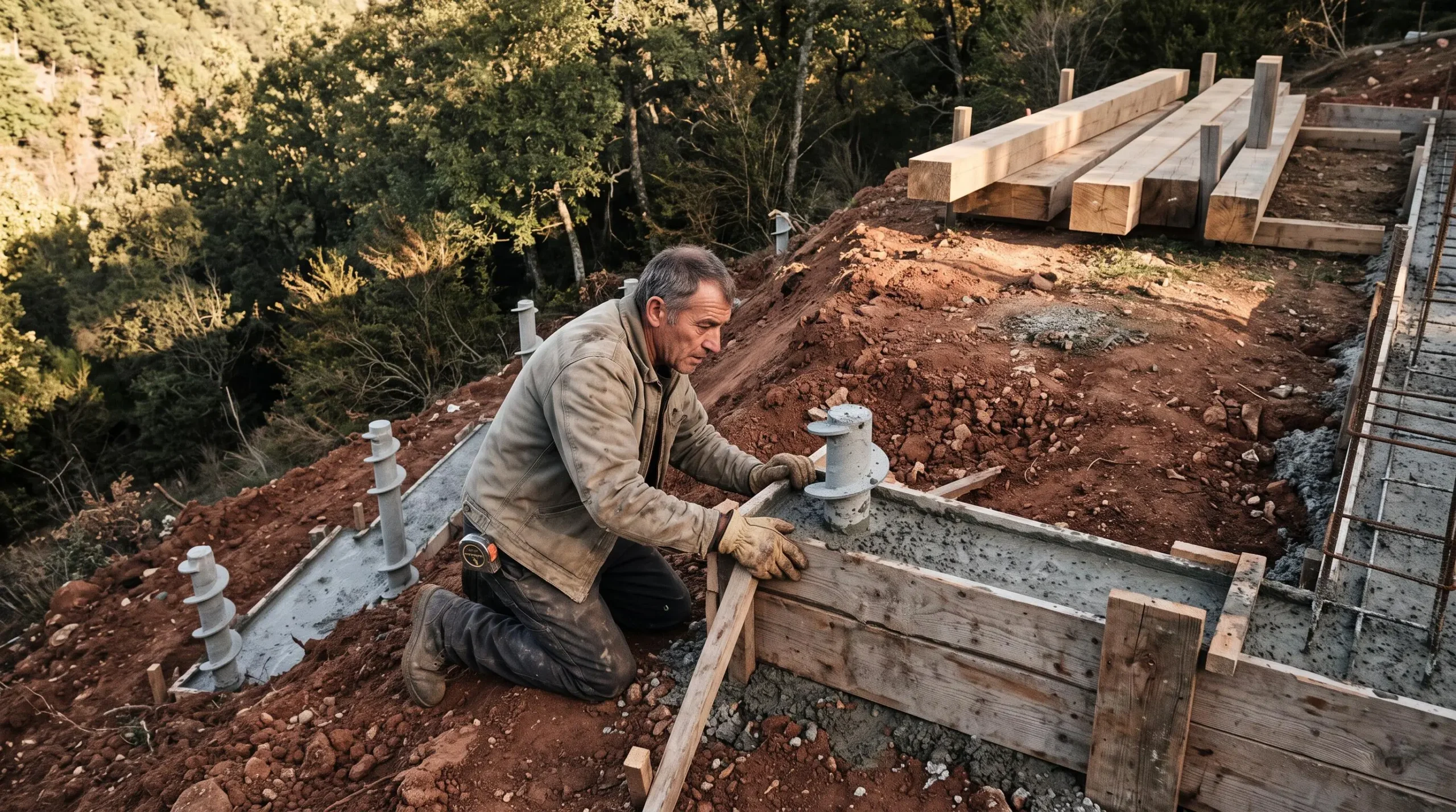 Maçon ajustant un coffrage autour d'une semelle de fondation sur un terrain en forte pente.