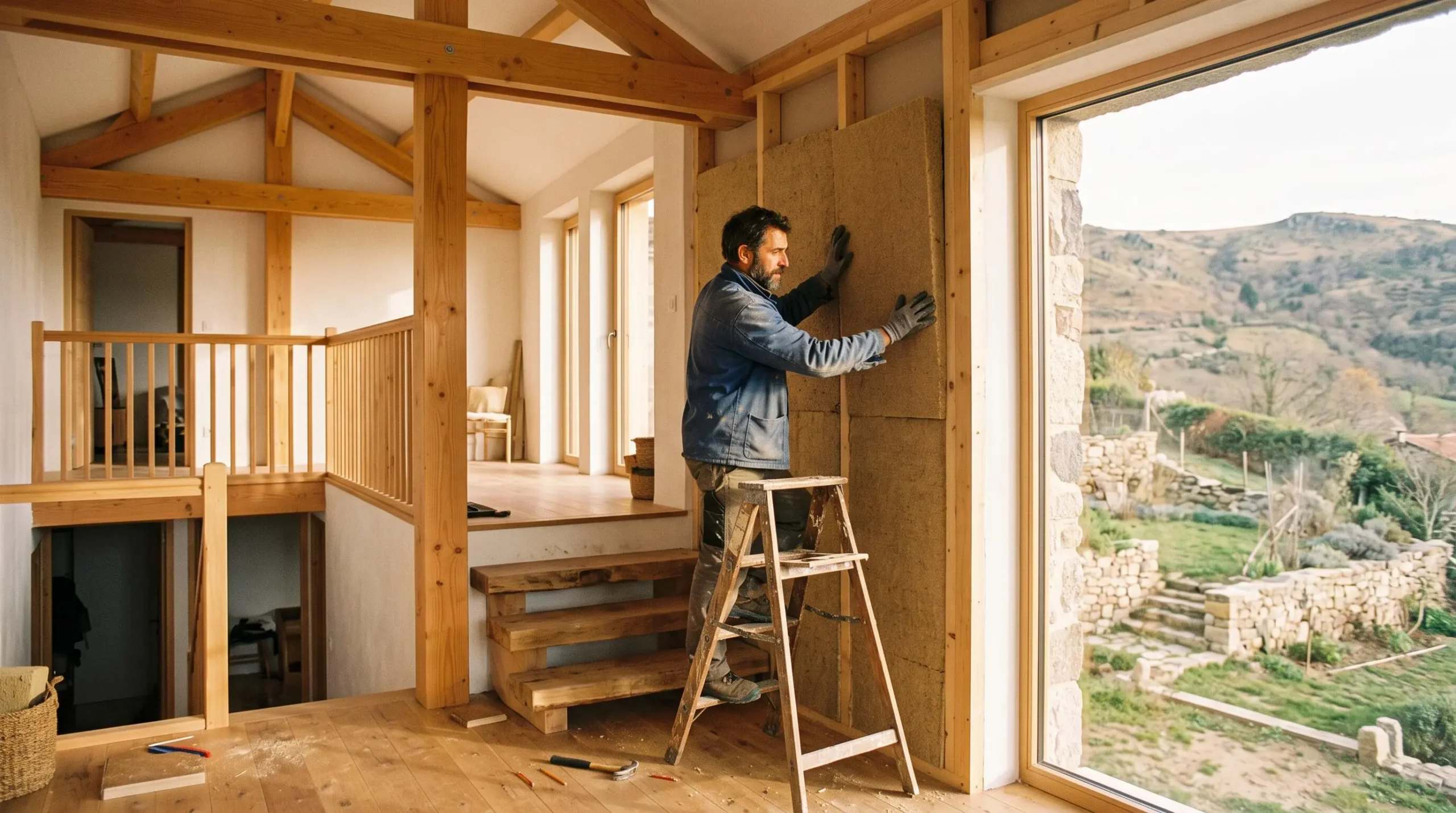 Artisan posant un panneau d'isolation en fibre de bois dans un salon lumineux d'une maison bois à niveaux décalés.