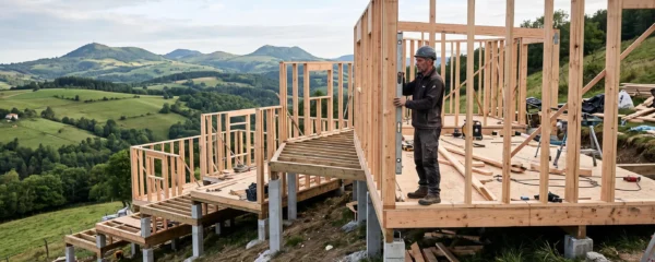 Maison ossature bois en construction sur un terrain en pente en Haute-Loire, charpentier vérifiant l'alignement d'un mur bois sur des fondations ponctuelles.