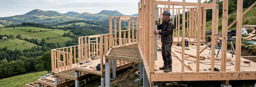 Maison ossature bois en construction sur un terrain en pente en Haute-Loire, charpentier vérifiant l'alignement d'un mur bois sur des fondations ponctuelles.